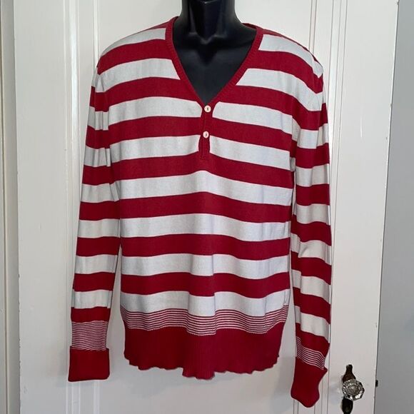 Vtg Levi’s red & white striped thin Henley neck sweater - Picture 1 of 10